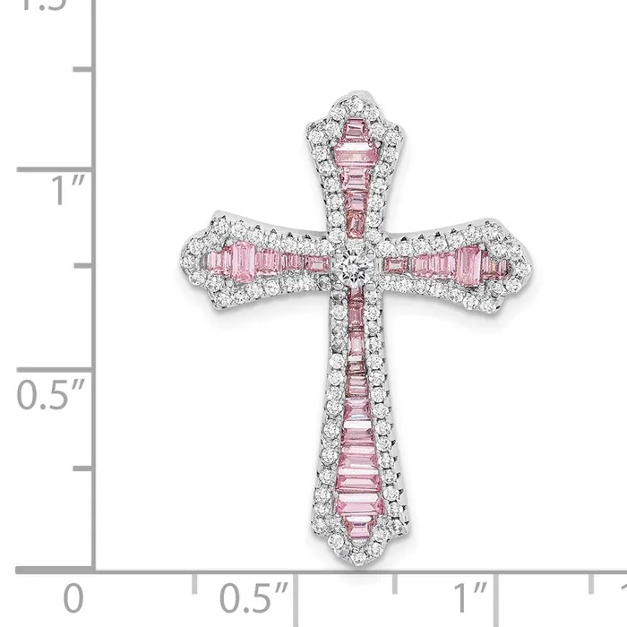 TreasureFineJewelers Sterling Silver Rhodium Plated Pink and White CZ Cross Slide Pendant Necklaces