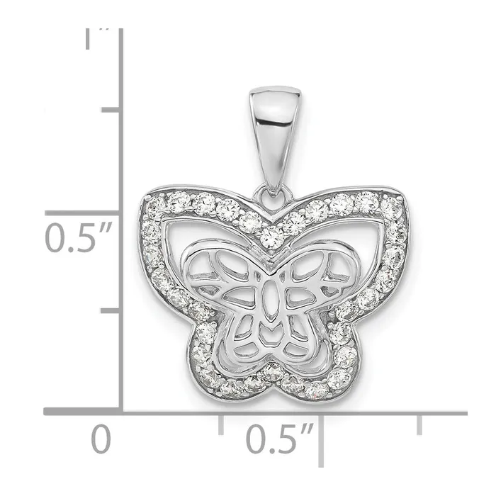 TreasureFineJewelers Sterling Silver Rhodiumplated Polished CZ Butterfly Pendant Necklaces