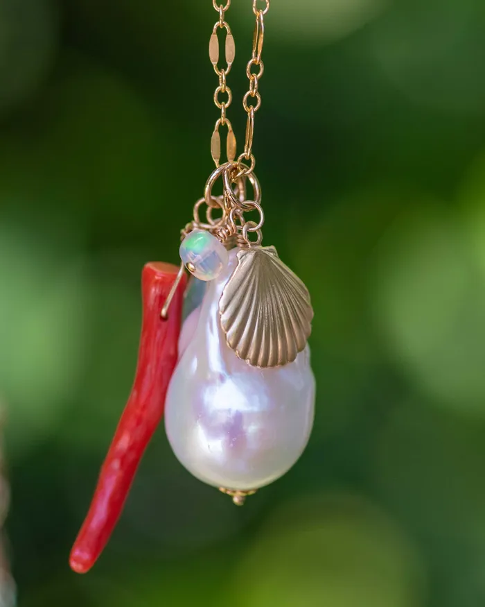 Vida Jewelry Designs Necklaces Large Baroque Pearl Coral Beach Seashell Charm Necklace