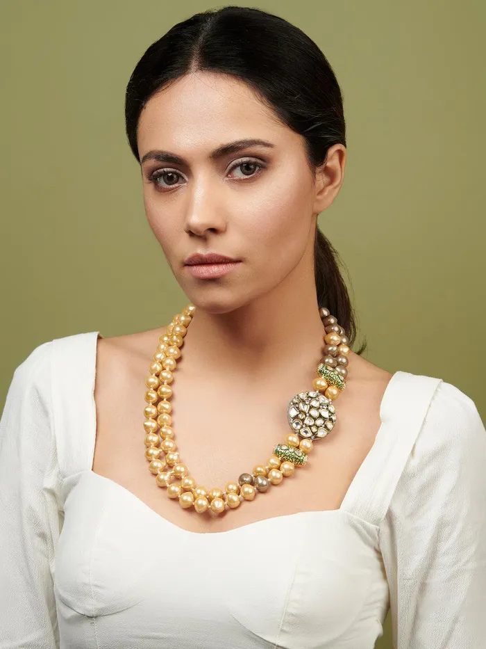 Stone Appeal Double Layered Champagne Pearls Long Necklace Curio Cottage Necklaces